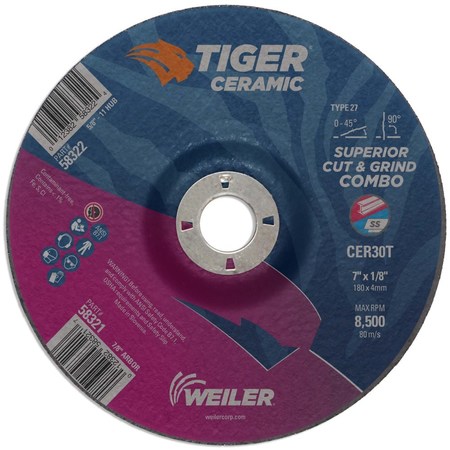 WEILER 7 x 1/8 TIGER CERAMIC Type 27 Cut/Grind Combo Wheel CER30T 7/8 A.H. 58321